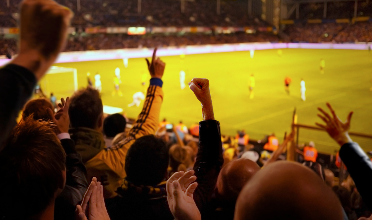 Football (soccer) fans cheering at the stadium match