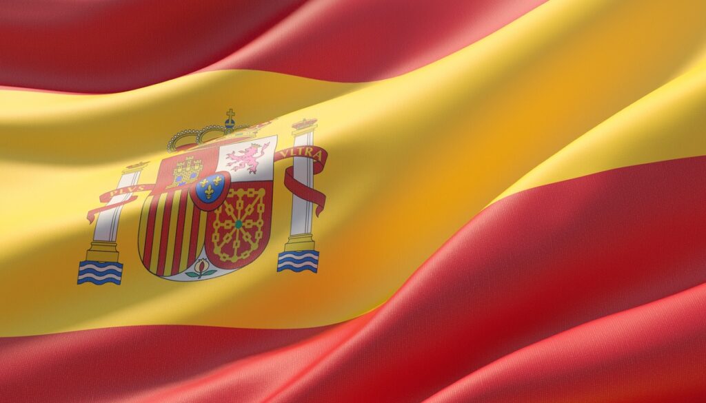 Waving, highly detailed close-up flag of Spain