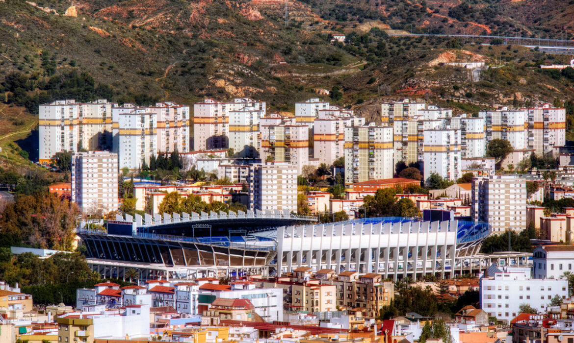 Aerial View of La Rosaleda Stadium with buildings in the background