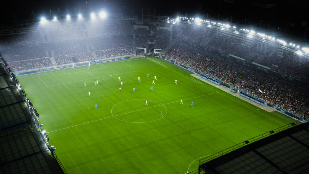 Aerial shot of a whole stadium with soccer championship match