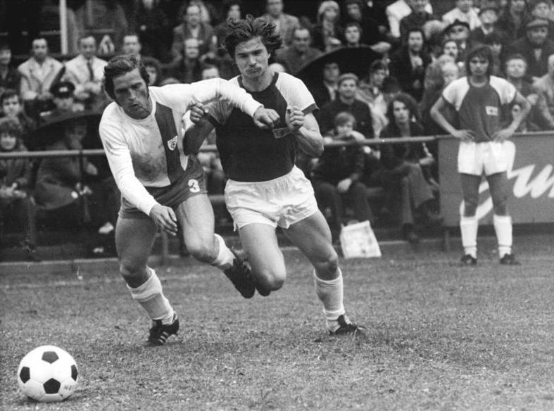 Black and white photo of two soccer players from Oberliga