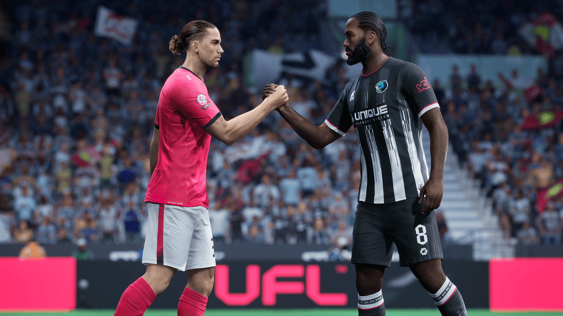 Two soccer players shaking hands in console game Ultimate Football League