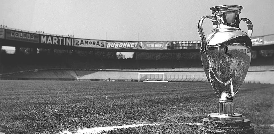 black and white photo of European Cup trophy from 1956