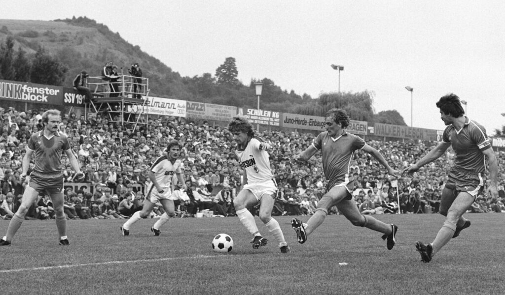 black and white photo of Oberligas football match