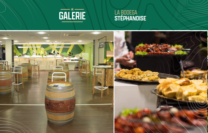 La Bodega Stéphanoise at Galerie, featuring a stylish bar area with barrel tables and a buffet with a variety of appetizers.