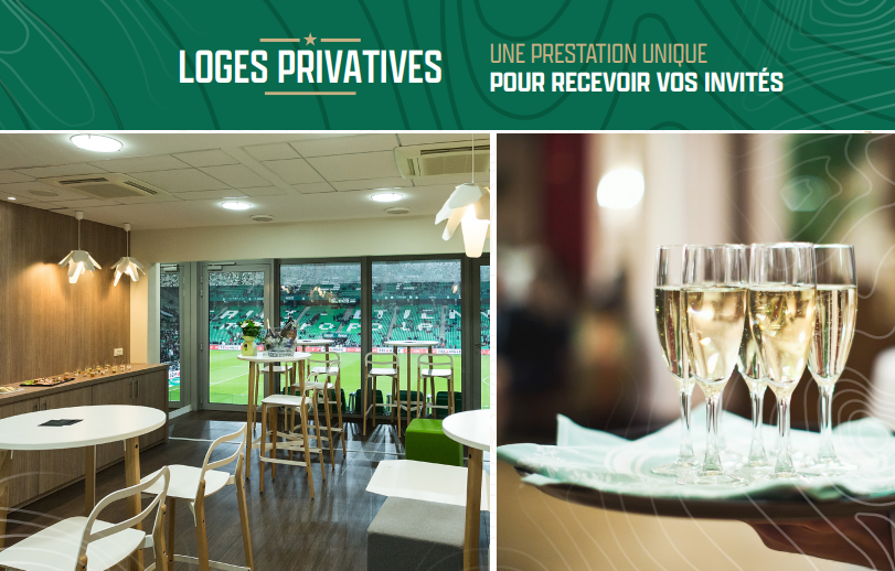 Loges Privatives, a premium private suite with a view of the stadium, elegant seating, and a tray of champagne glasses for guests.