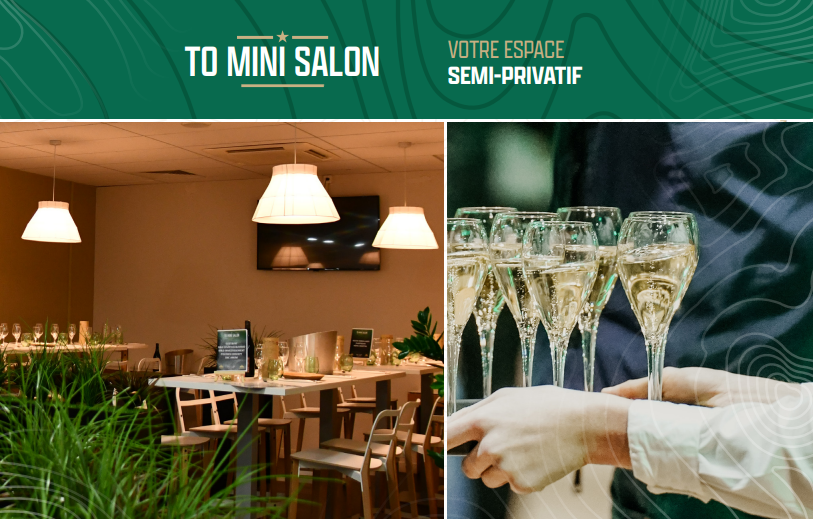 TO Mini Salon, a semi-private hospitality space featuring an intimate dining area and a waiter serving glasses of champagne.