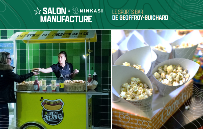 A hot dog stand and popcorn cones at Salon Manufacture, the sports bar of Geoffroy-Guichard Stadium.