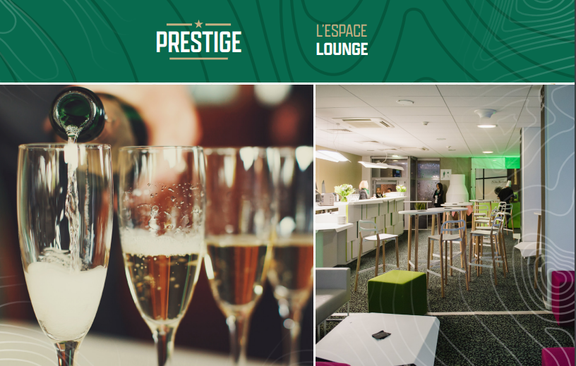 Prestige Lounge, an elegant hospitality space featuring a modern bar area and champagne being poured into glasses.