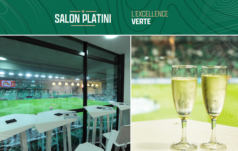 Salon Platini, an exclusive hospitality area overlooking the stadium, featuring modern seating and two glasses of champagne.