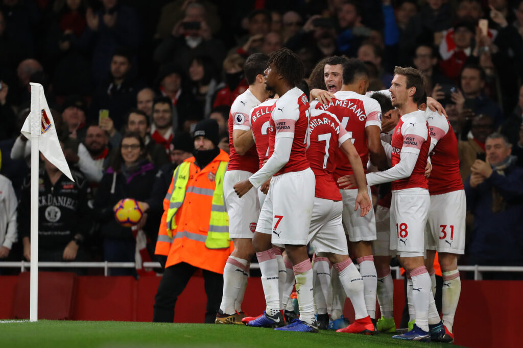 Arsenal players congratulating Lucas Torreira after the opening goal