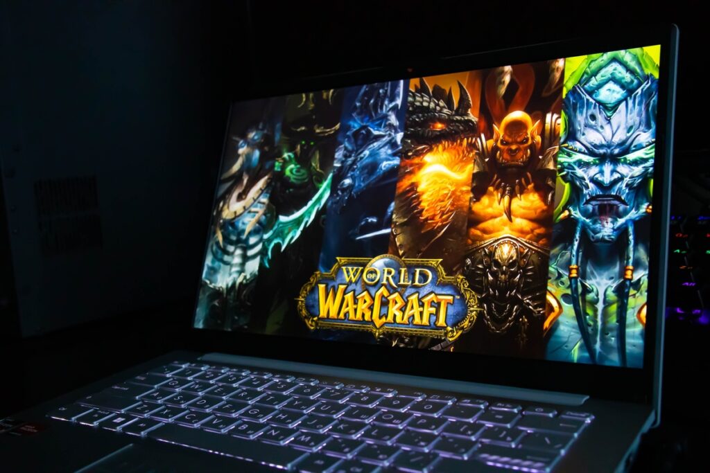 laptop screen with MMO 3D game, World of Warcraft by Blizzard Entertainment