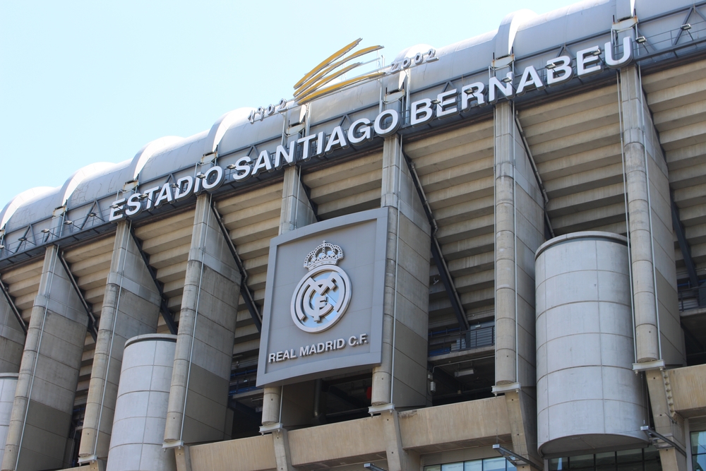 Estadio Santiago Bernabéu outside sign with logo of the Real Madrid C.F. club