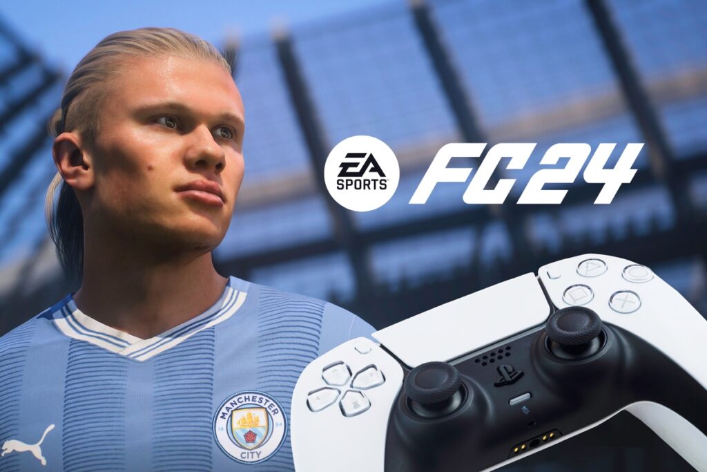 Playstation 5 controller with EA FC 24 FIFA game blurred in the background