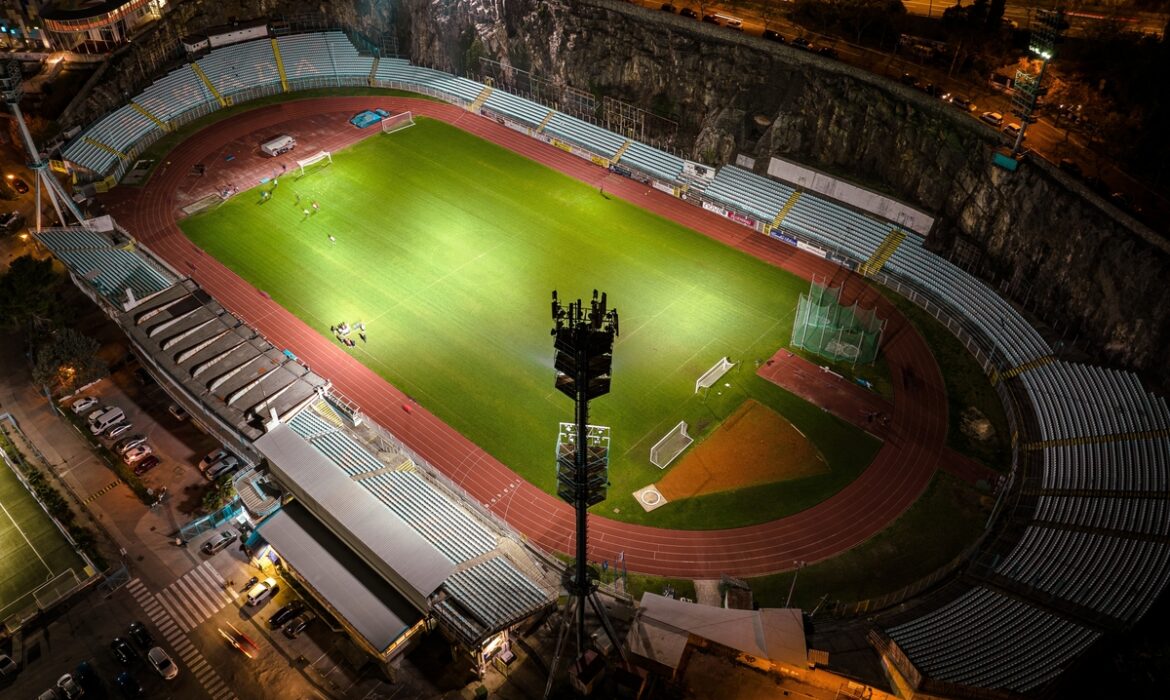 aerial view of stadium at night