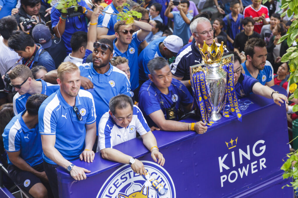 Leicester City parading Premier League trophy with fans