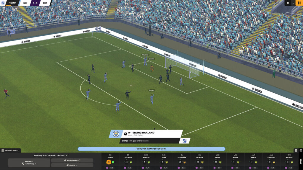 Gameplay from soccer simulator Football Manager 2024