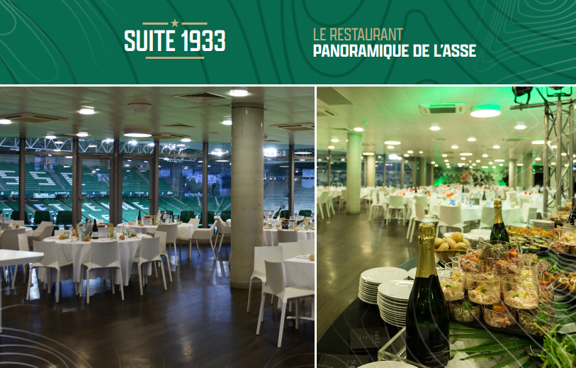 Suite 1933, the panoramic restaurant of ASSE, offering an elegant dining experience with a view of the stadium and a gourmet buffet.