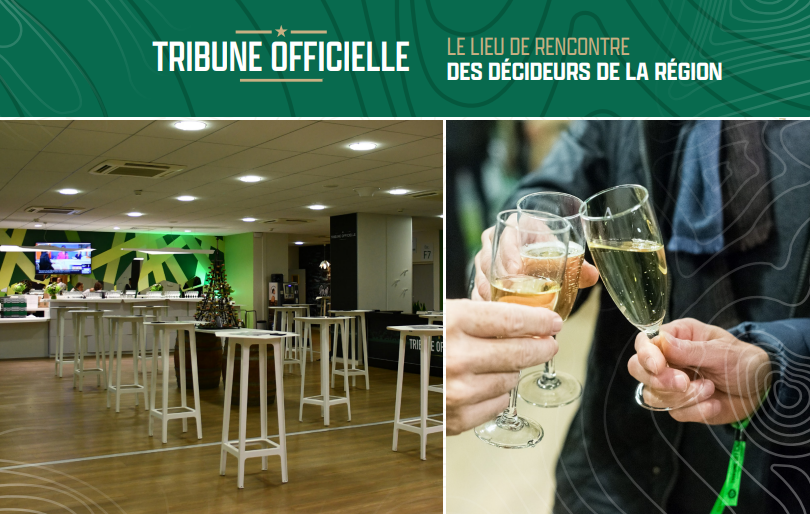 Tribune Officielle, an exclusive networking space featuring a modern bar area and a champagne toast among business professionals.