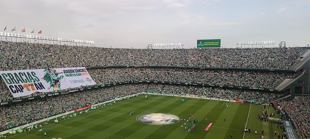 Full tribunes of the Estadio Benito Villamarin with a baner "Gracias cap17an"