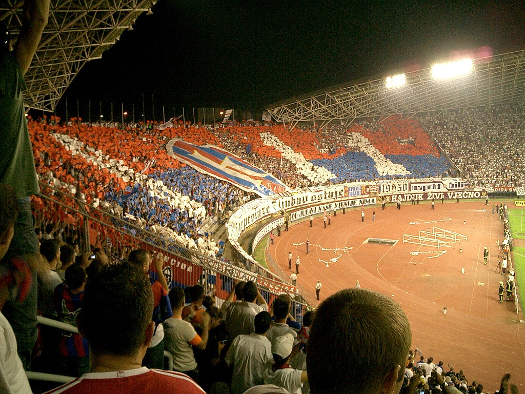 Torcida decorating the north stand of Poljud Beauty. Image taken during the Hajduk Split - Dinamo Zagreb derby.