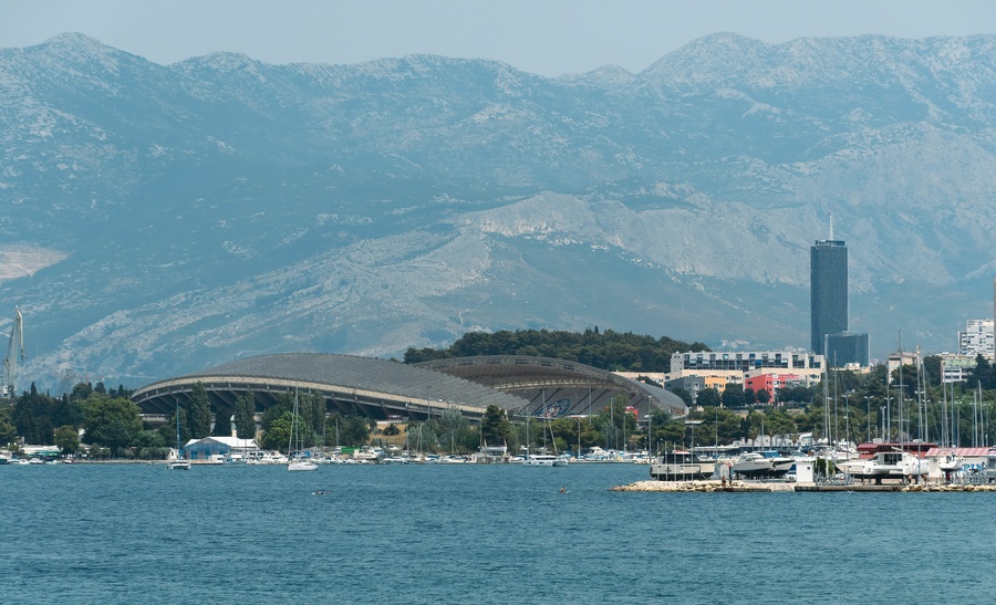 Poljud stadium and cityscape of Split in Croatia surrounded by the tranquil sea