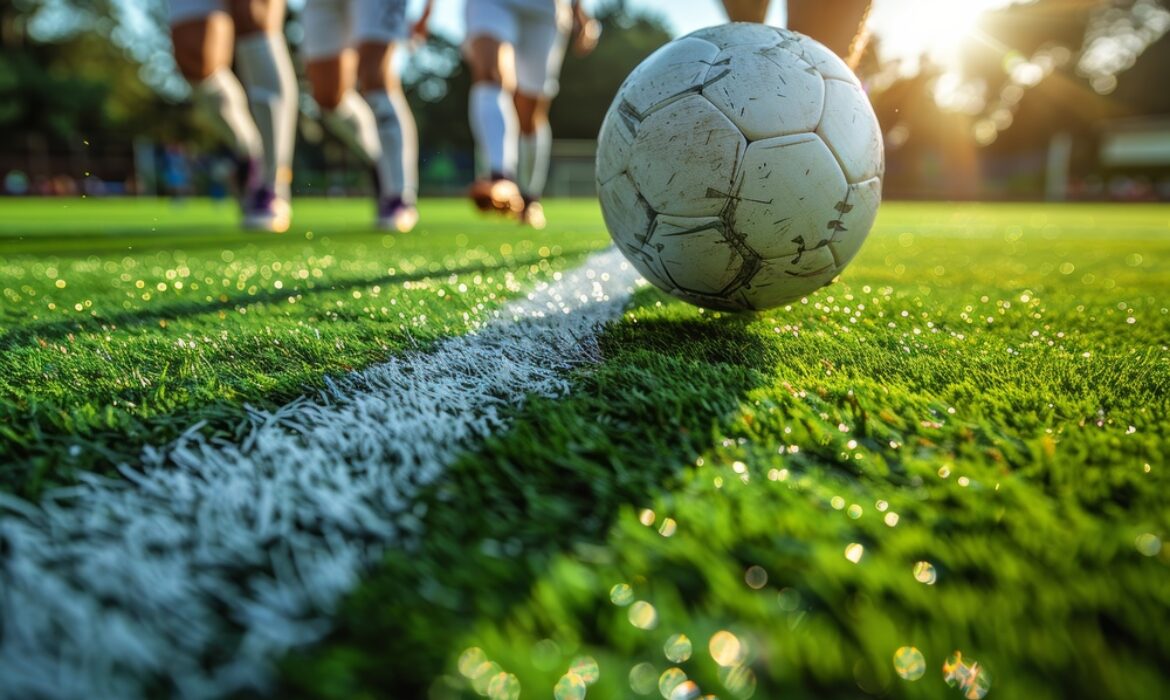 Athletes playing football on bright green field with ball
