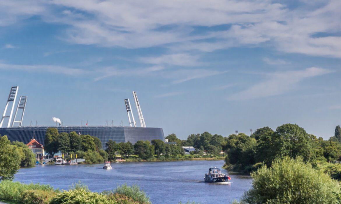 Panorama of the stadium along the river Weser in Bremen, Germany