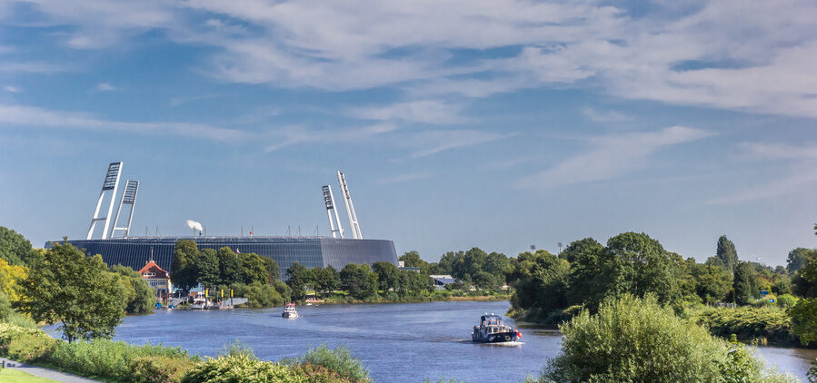 Panorama of the stadium along the river Weser in Bremen, Germany