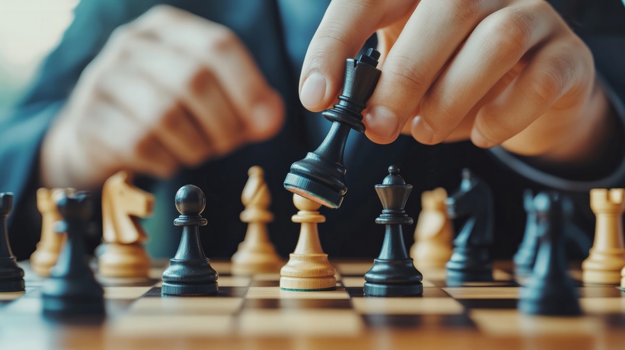 Close-up of hands moving chess pieces on a classic wooden chessboard during a tense match. Focus on strategy and concentration.