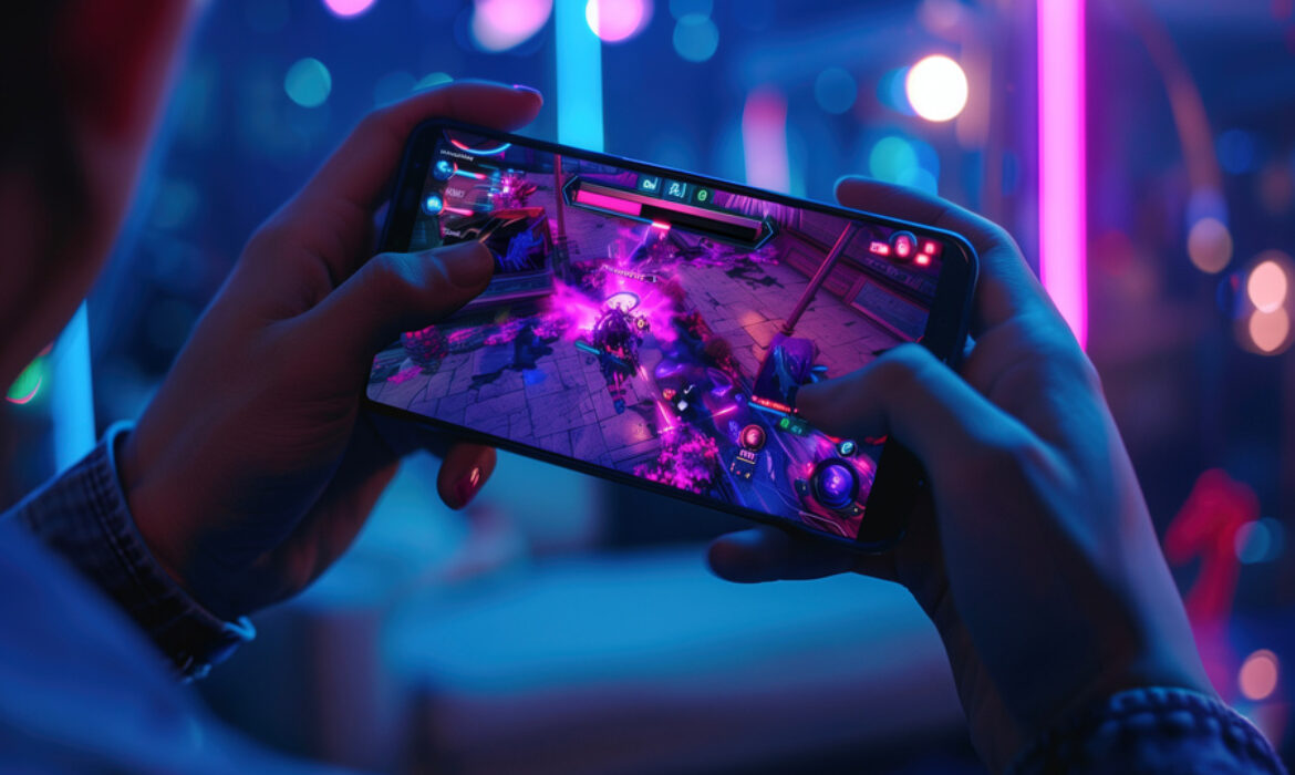 Close-up of a gamer playing an action-packed mobile RPG game on his smartphone in a vibrant, neon-lit environment, showcasing immersive gameplay. Mobile gaming, Esports