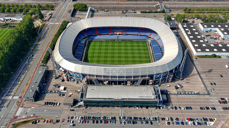 Stadion Feijenoord aerial view, commonly known as De Kuip, is a stadium in Rotterdam, Netherlands. Home stadium of football club Feyenoord flying above
