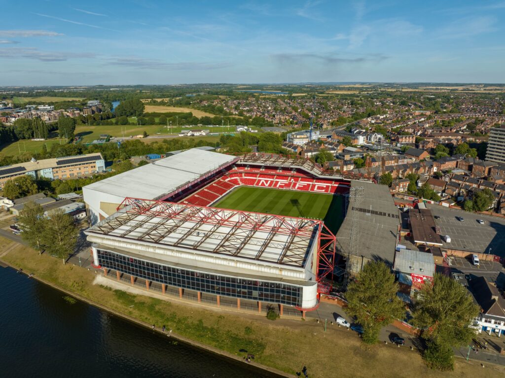 An aerial view of the City Ground stadium, home of Nottingham Forest FC, located on the banks of the River Trent in Nottingham, England.