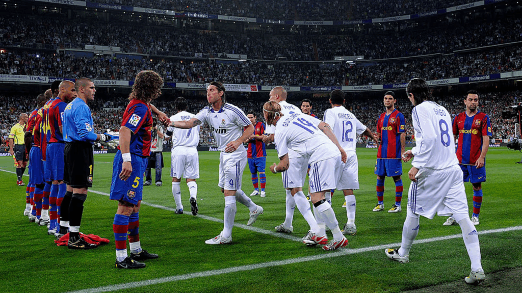 Barcelona and Real Madrid before a game starts