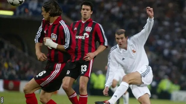 Zinedine Zidane scoring a goal against Leverkusen