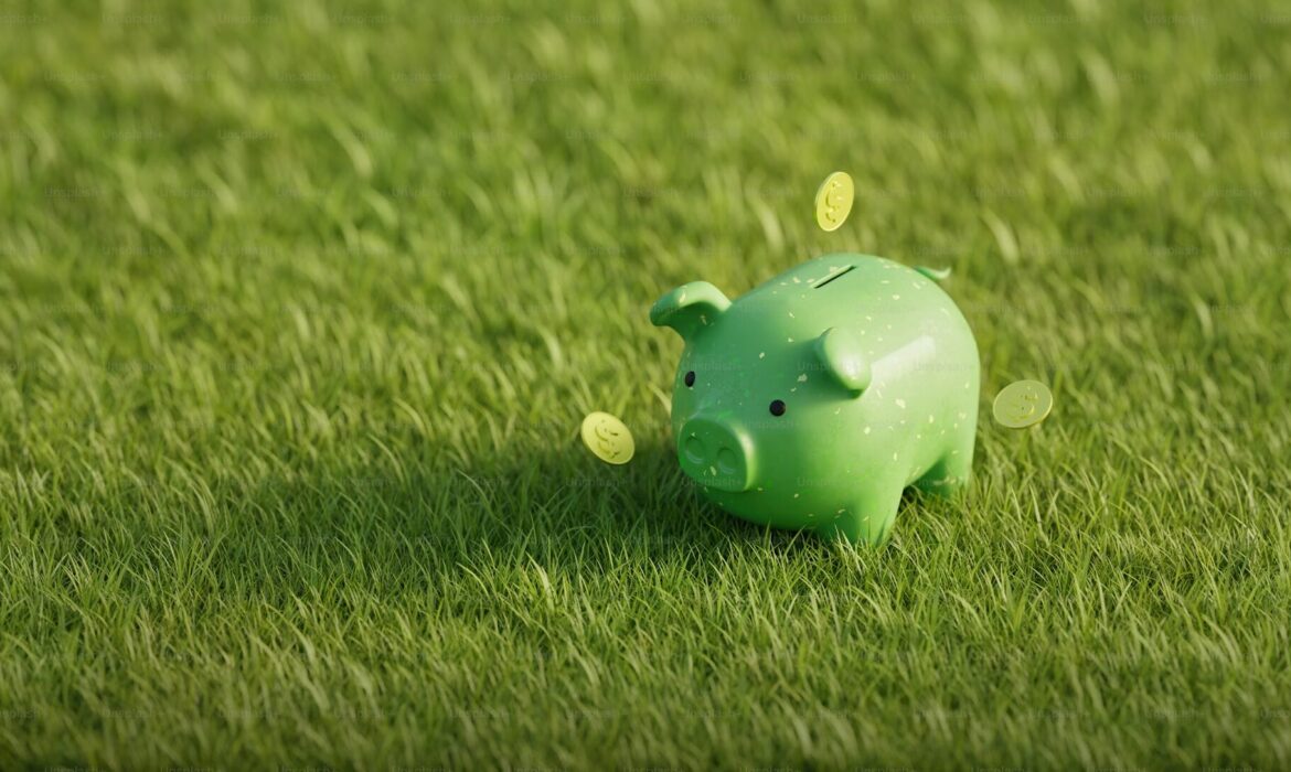 picture of a green money pig on a grass field
