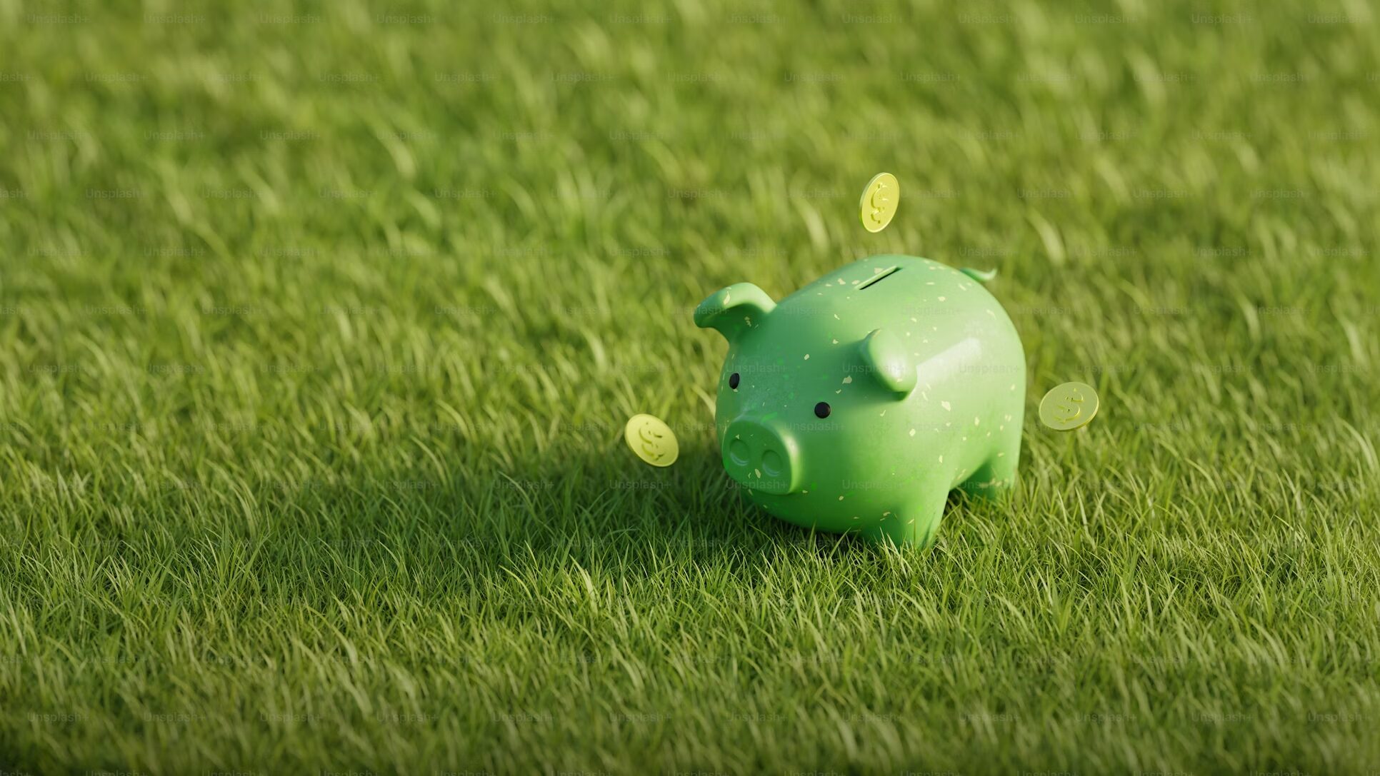 picture of a green money pig on a grass field