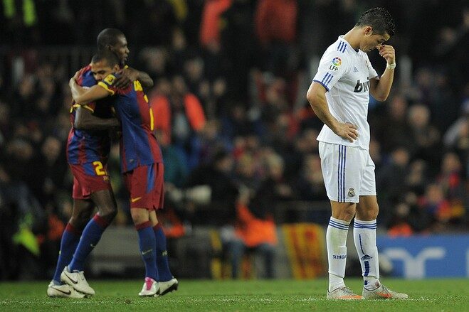Barca's players celebrate after 5-0 win
