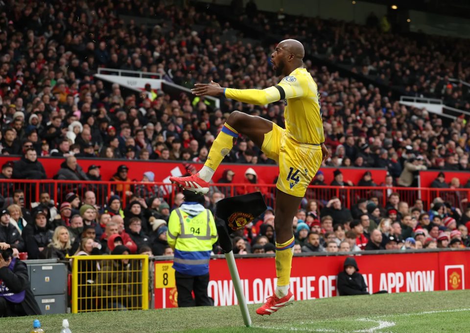 Mateta celebrating a goal against Manchester United